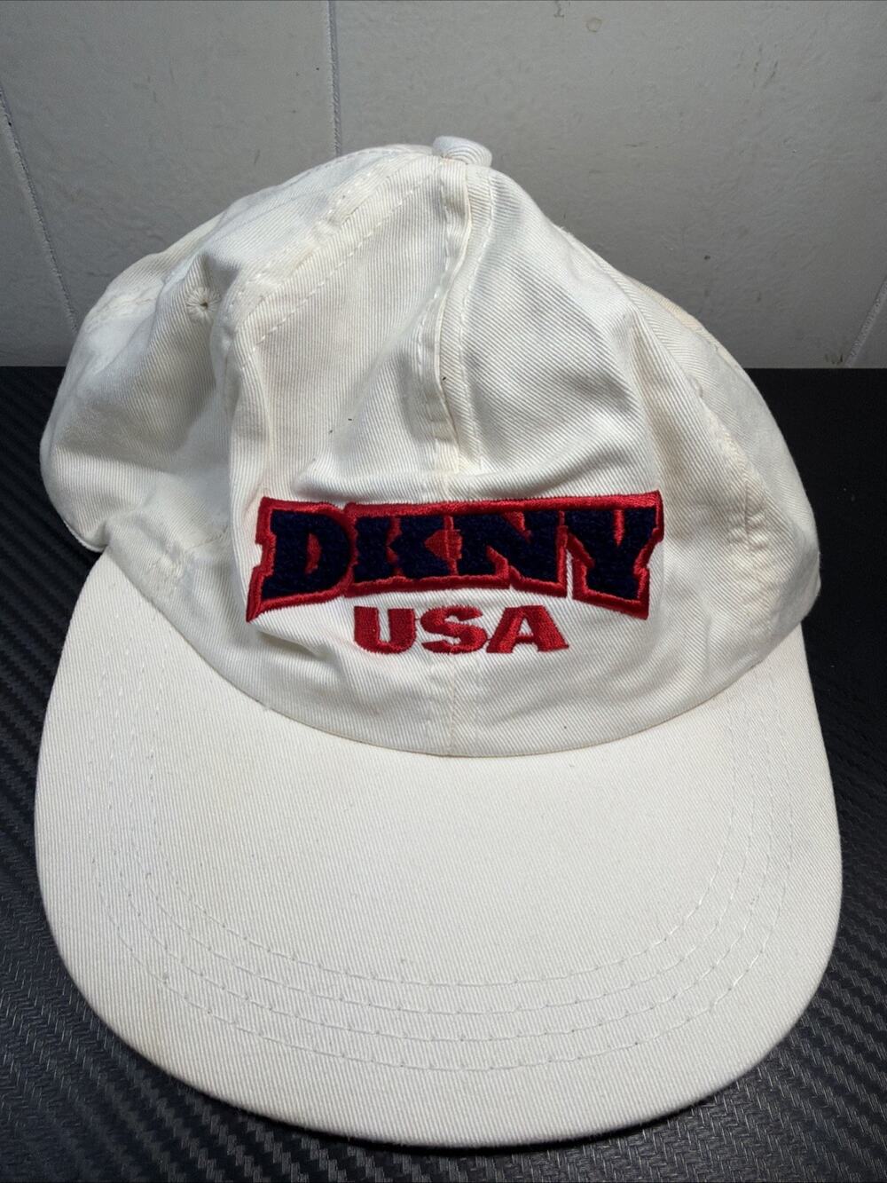 Vintage 90s DKNY USA Hat Donna Karan New York Spell Out NY Embroidered White R2
